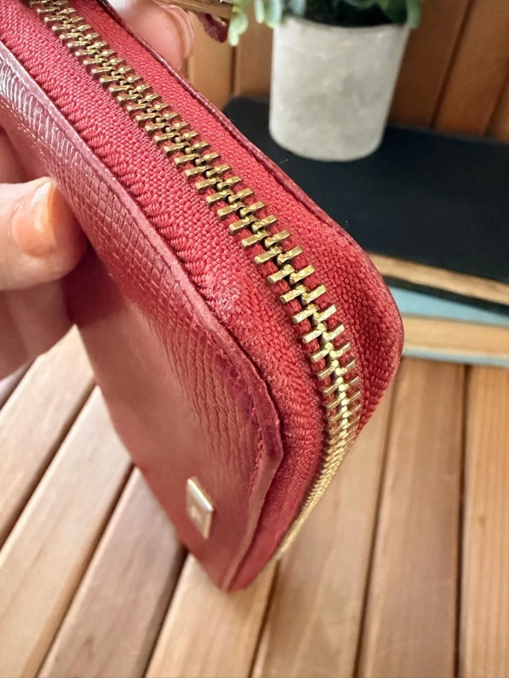 Cole Haan Red Leather Zip Around Wallet Organizer Gold Hardware